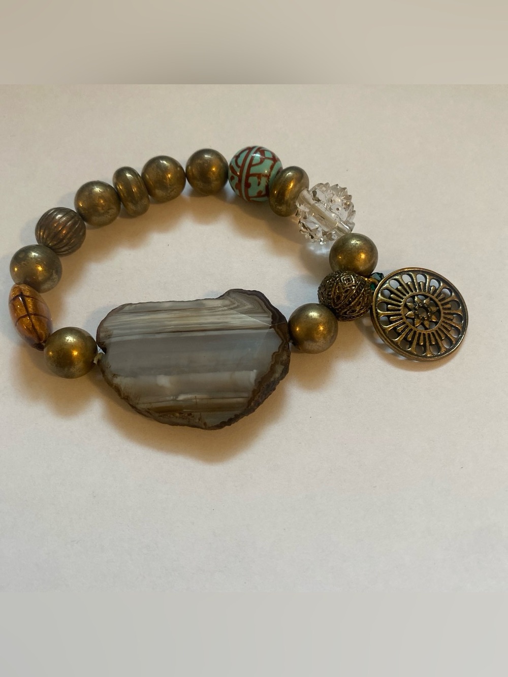 Handcrafted Agate & Brass Bead Stretch Bracelet - Gray